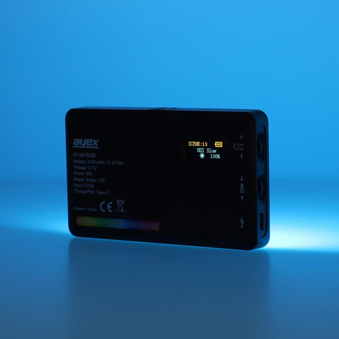 ayex vielseitige RGB LED Videoleuchte mit 20 Lichteffekten LCD-Display und integriertem Akku 20 Lich