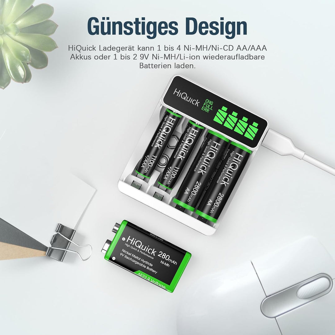 HiQuick Universal Akkuladegerät mit 8 AA Akkus, Ladegerät für NI-MH/NI-CD Mignon AA Micro AAA Akku,
