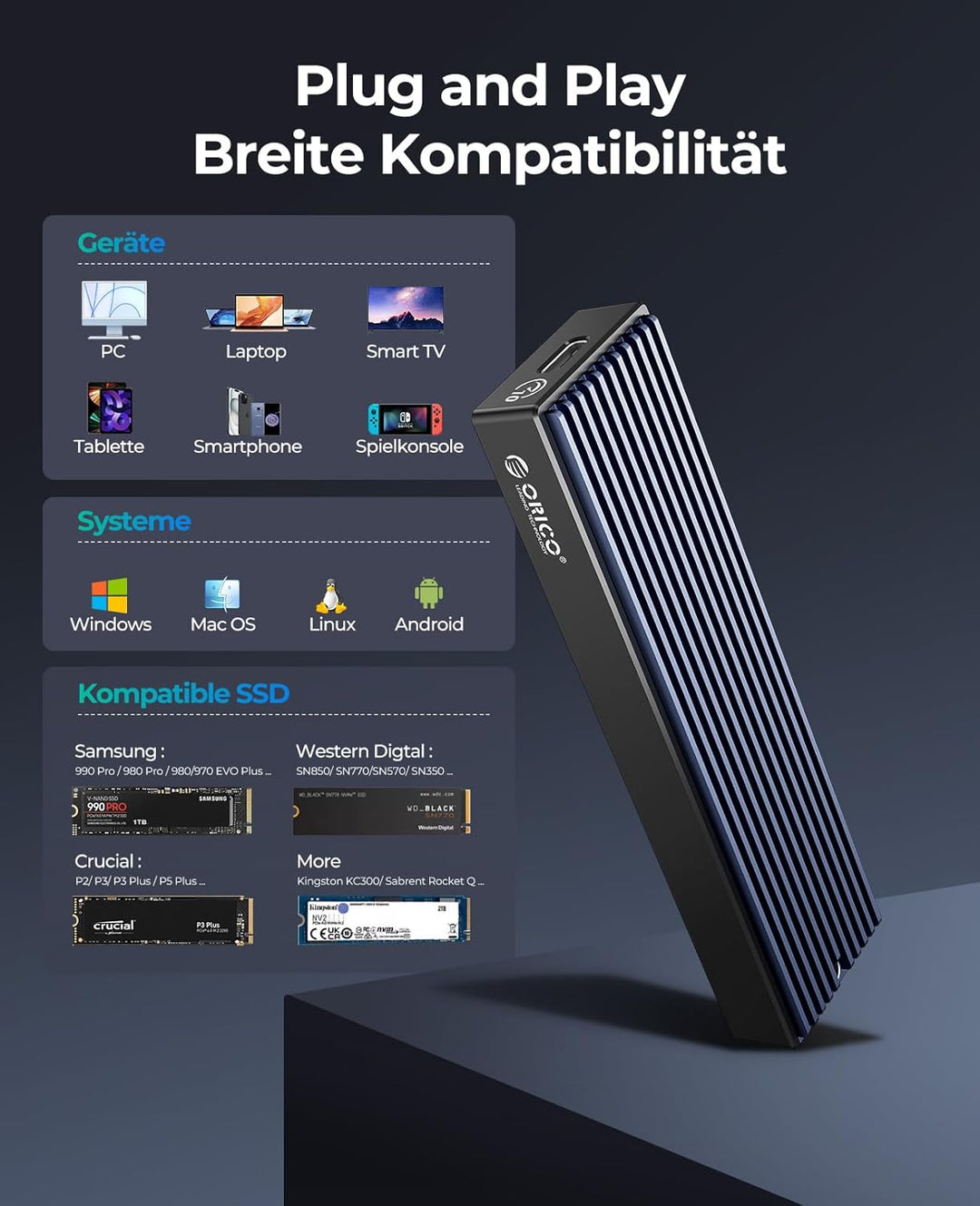 ORICO M.2 NVMe SSD Gehäuse USB-C Adapter 10Gbps USB3.2/ USB3.1 Gen2 für PCIe NVMe M-Key/M+B Key SSD,