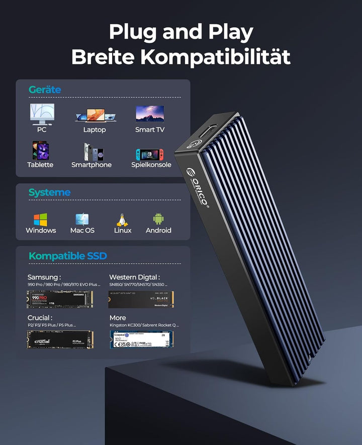ORICO M.2 NVMe SSD Gehäuse USB-C Adapter 10Gbps USB3.2/ USB3.1 Gen2 für PCIe NVMe M-Key/M+B Key SSD,