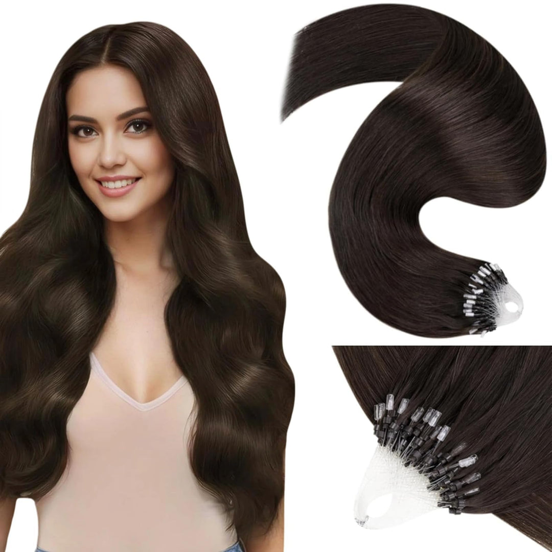 LaaVoo 40cm Microring Extensions Echthaar Braun Unsichtbar Extensions Echthaar Micro Loop 1g/s Dunke
