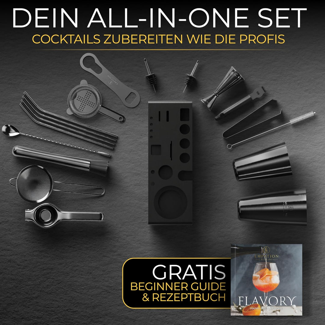 EMPATION Cocktail Set Schwarz [TESTSIEGER], 825ml Cocktail Shaker mit Bar Zubehör für Cocktails, Bar