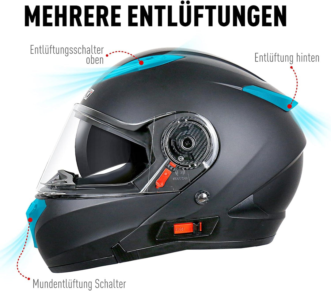 Helm Motorrad, Motorradhelm Zertifiziert nach ECE 22.06, Klapphelm Motorrad Herren, Schwarzer und Gr