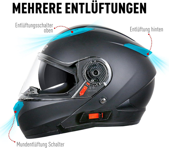 Helm Motorrad, Motorradhelm Zertifiziert nach ECE 22.06, Klapphelm Motorrad Herren, Schwarzer und Gr