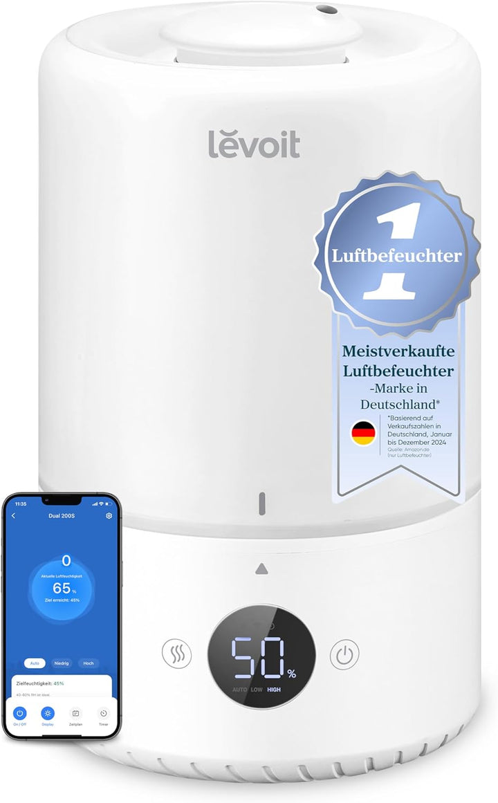 Levoit 19dB leise Top Fill Luftbefeuchter, 360° Drehdüse, Smart Humidifier, Raumluftbefeuchter, Auto