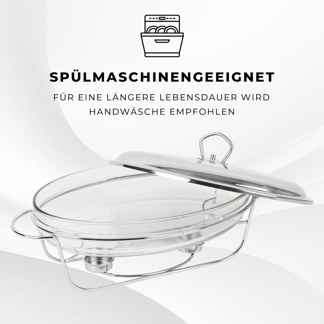 Wärmebehälter für Speisen mit Glaseinsatz - 3L - Teelicht Warmhalteplatte - Edelstahl Gestell und De