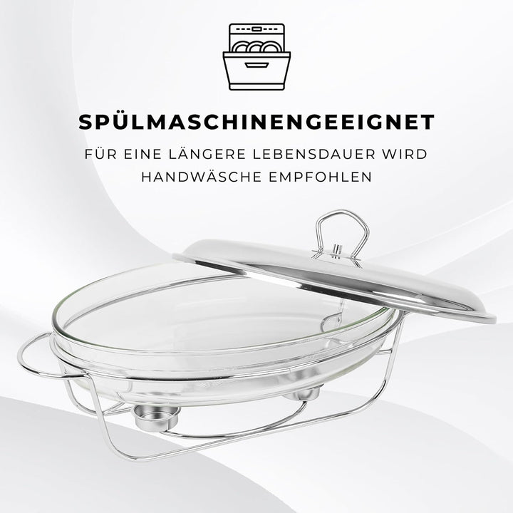 Wärmebehälter für Speisen mit Glaseinsatz - 3L - Teelicht Warmhalteplatte - Edelstahl Gestell und De