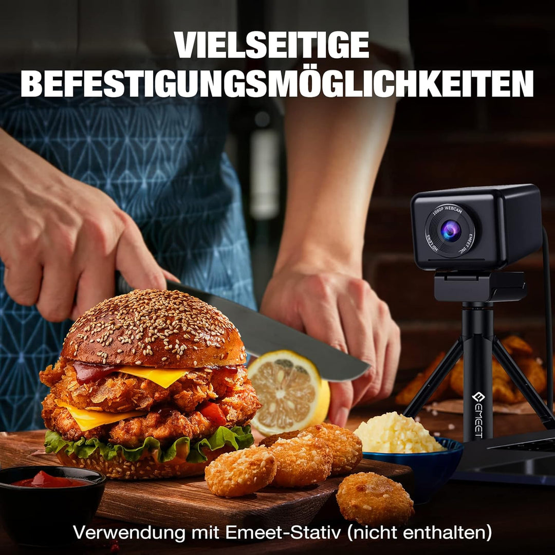 EMEET 1080P HD Webcam, Streaming Webcam mit 4 De-Noise Mikros, Smart KI Fokus & Low-Light Korrektur,