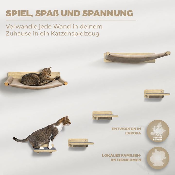 WOOWOOD Katzen Kletterwand 6-teilig, 2 Hängematten, 4 Katzentreppen | Wandmontage ohne Bodenfläche,