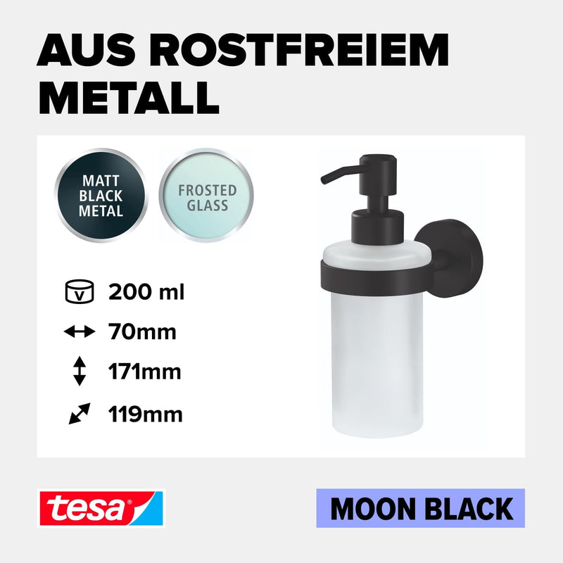 tesa Moon Black Seifenspender, matt schwarz, Pumpspender aus satiniertem Glas, 200 ml - für Bäder im