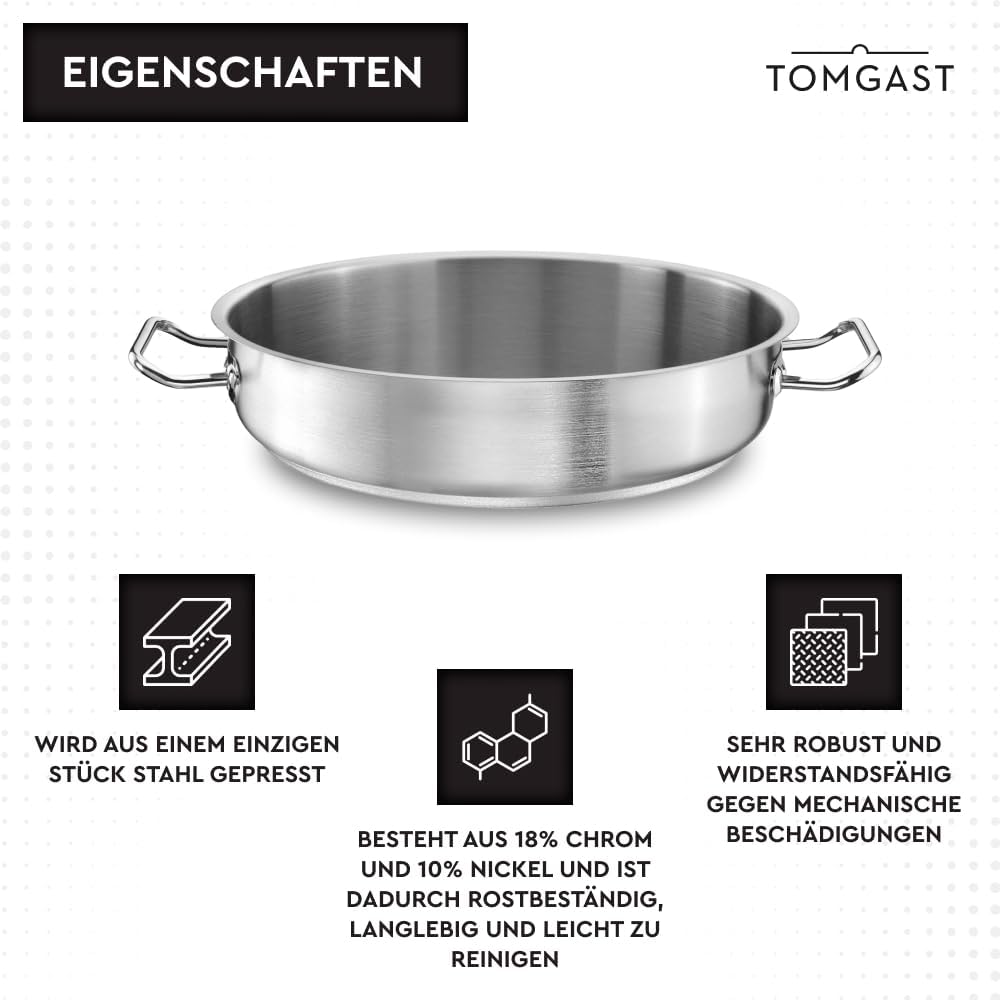 flacher Topf Durchmesser 44 cm PRO | Fassungsvermögen 16 l, Höhe 11 cm | Edelstahl | Gefütterter Bod