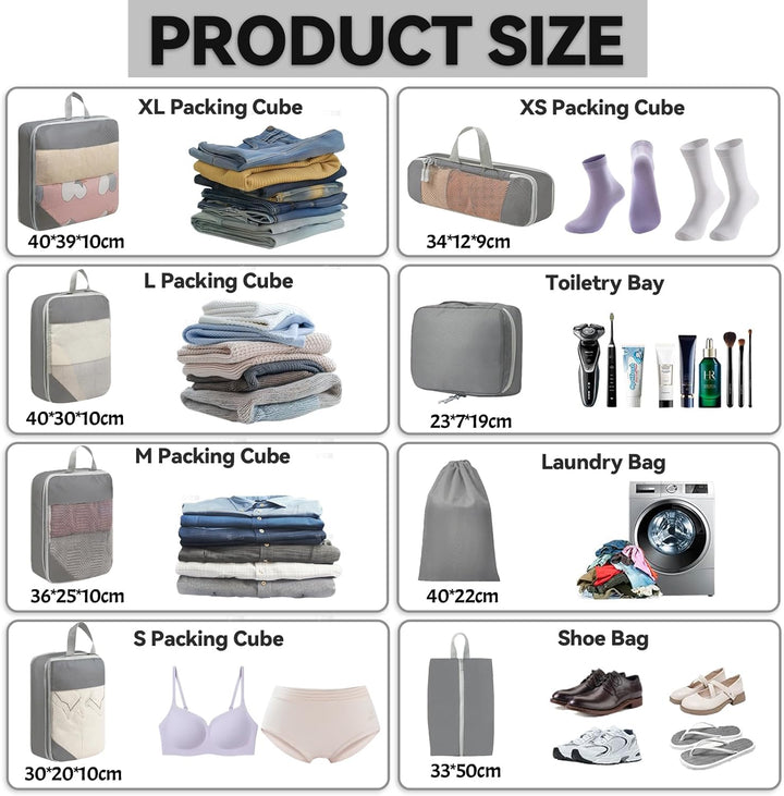 Koffer Organizer Set 8-teilig, Komprimierbaren Packwürfeln zur Organisation Ihres Reisegepäcks, Comp