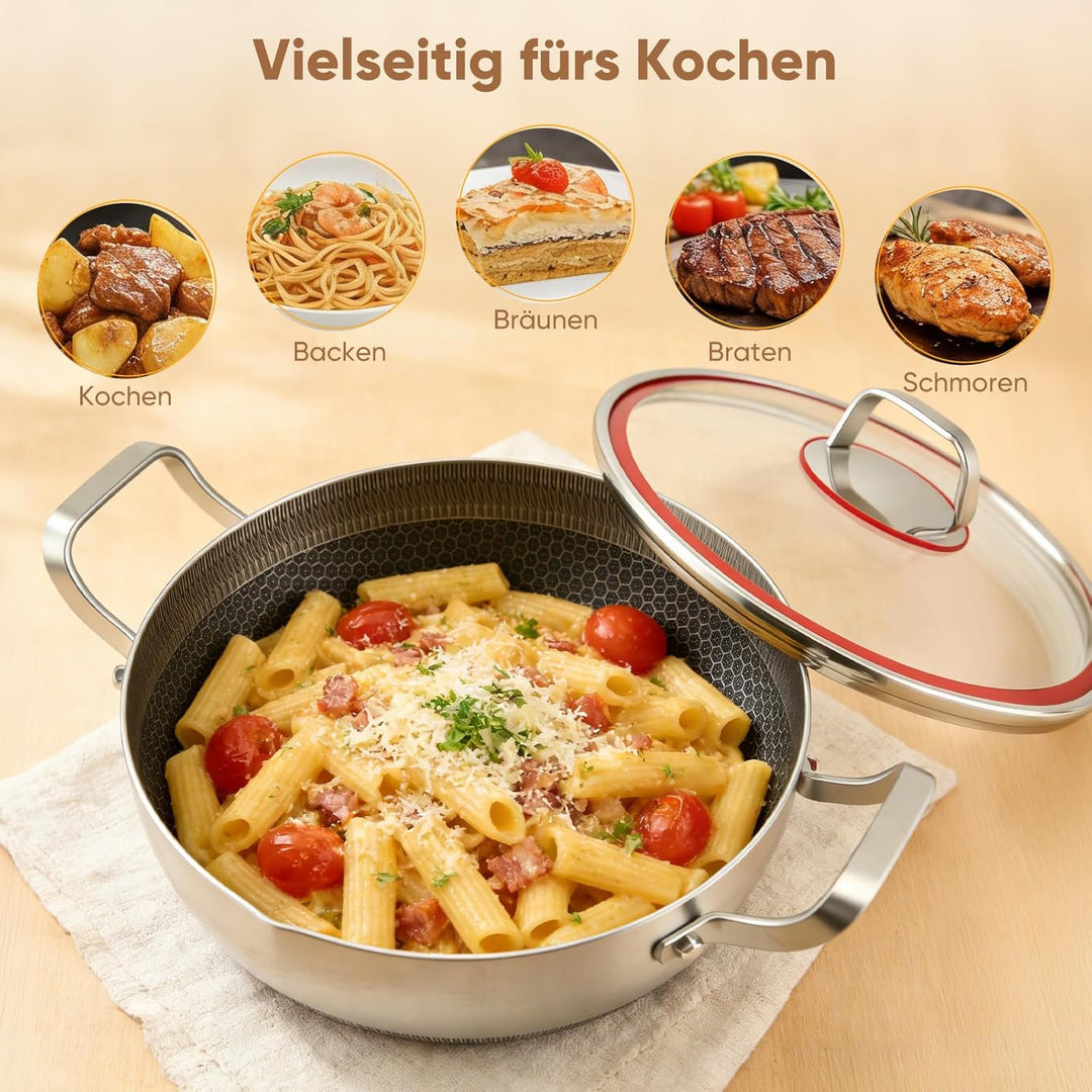 Schmorpfanne hoher Rand, Pfanne mit Deckel aus Glas,Wabenpfanne mit kratzfester Antihaftbeschichtung