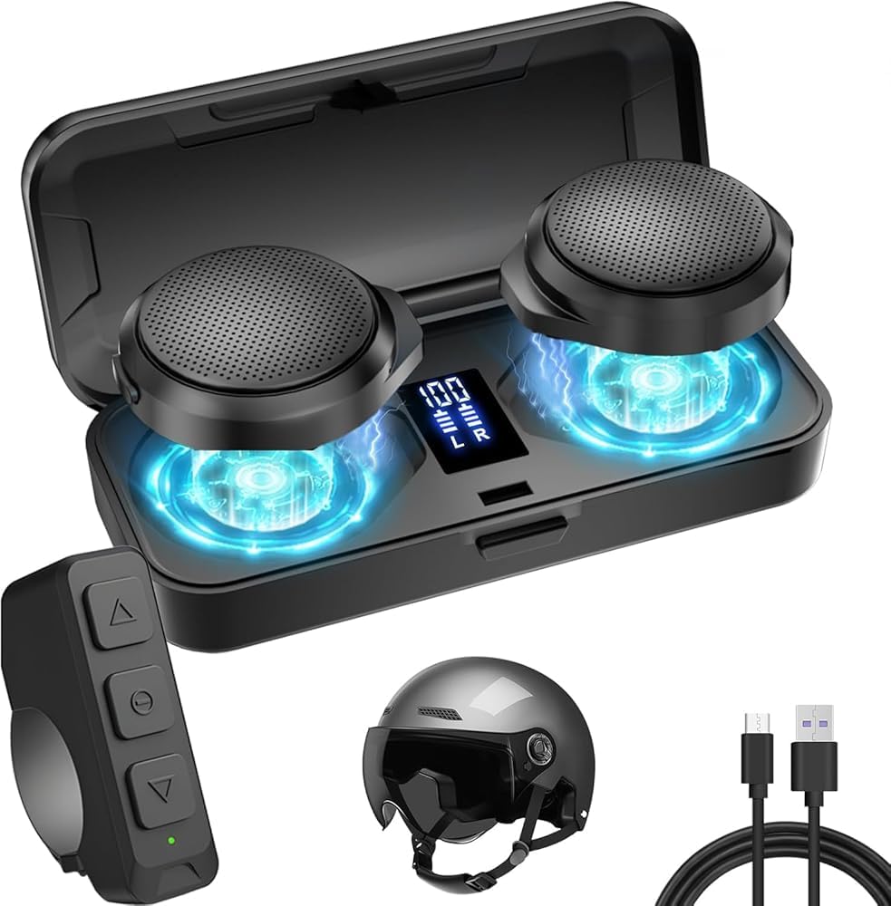 OBEST Motorrad Bluetooth Headset mit Ladecase, Motorradhelm Bluetooth Lautsprecher mit Mikrofonen, 1