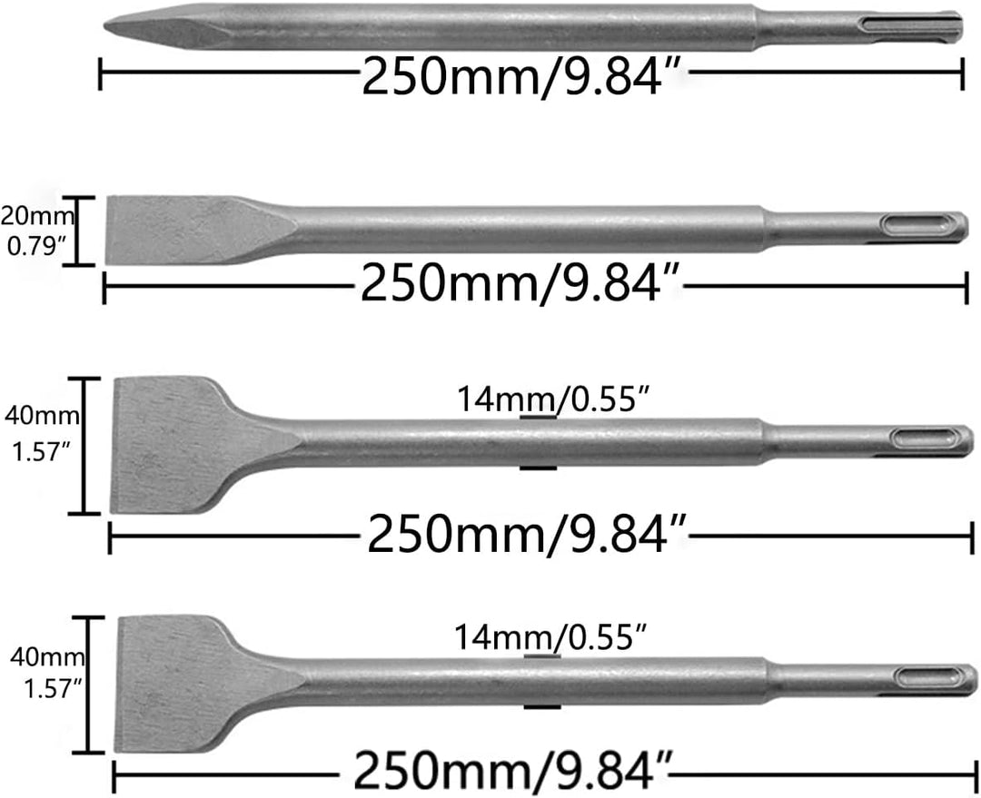 Meichoon Hammer Meissel 4er Set Elektrobohrer Rotary Hammer Schlagbohrer Rundschaft Spitz Flachkopf