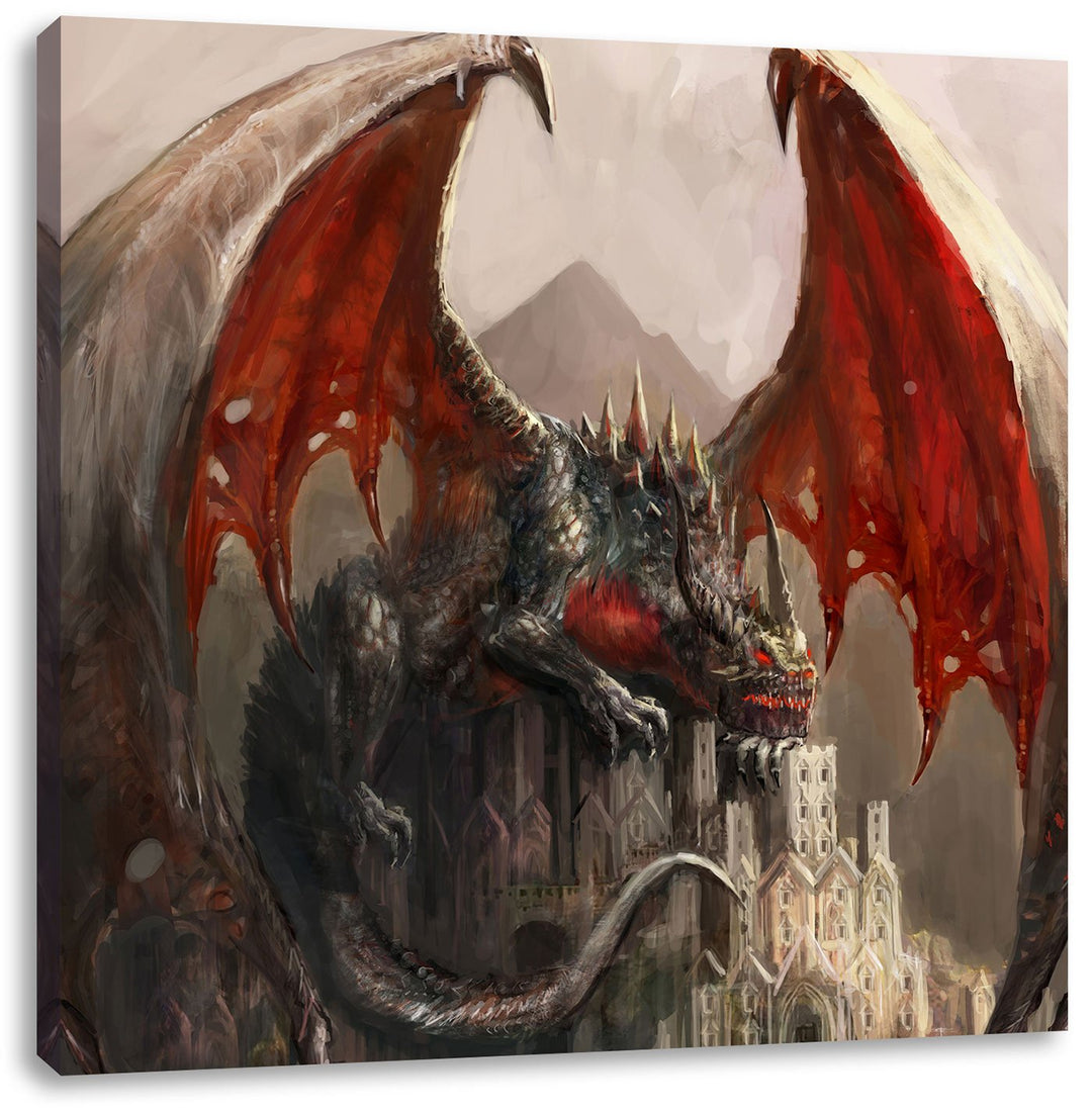 Pixxprint Dragon Castle, Format: 70x70 auf Leinwand, XXL riesige Bilder fertig gerahmt mit Keilrahme