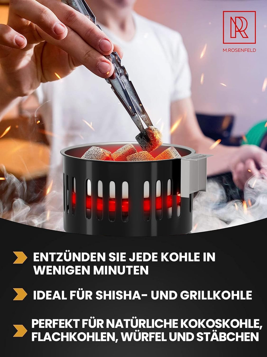 M. ROSENFELD Shisha Kohleanzünder Elektrischer 800W TURBO – Kohlenanzünder mit extra langem 150cm Ka