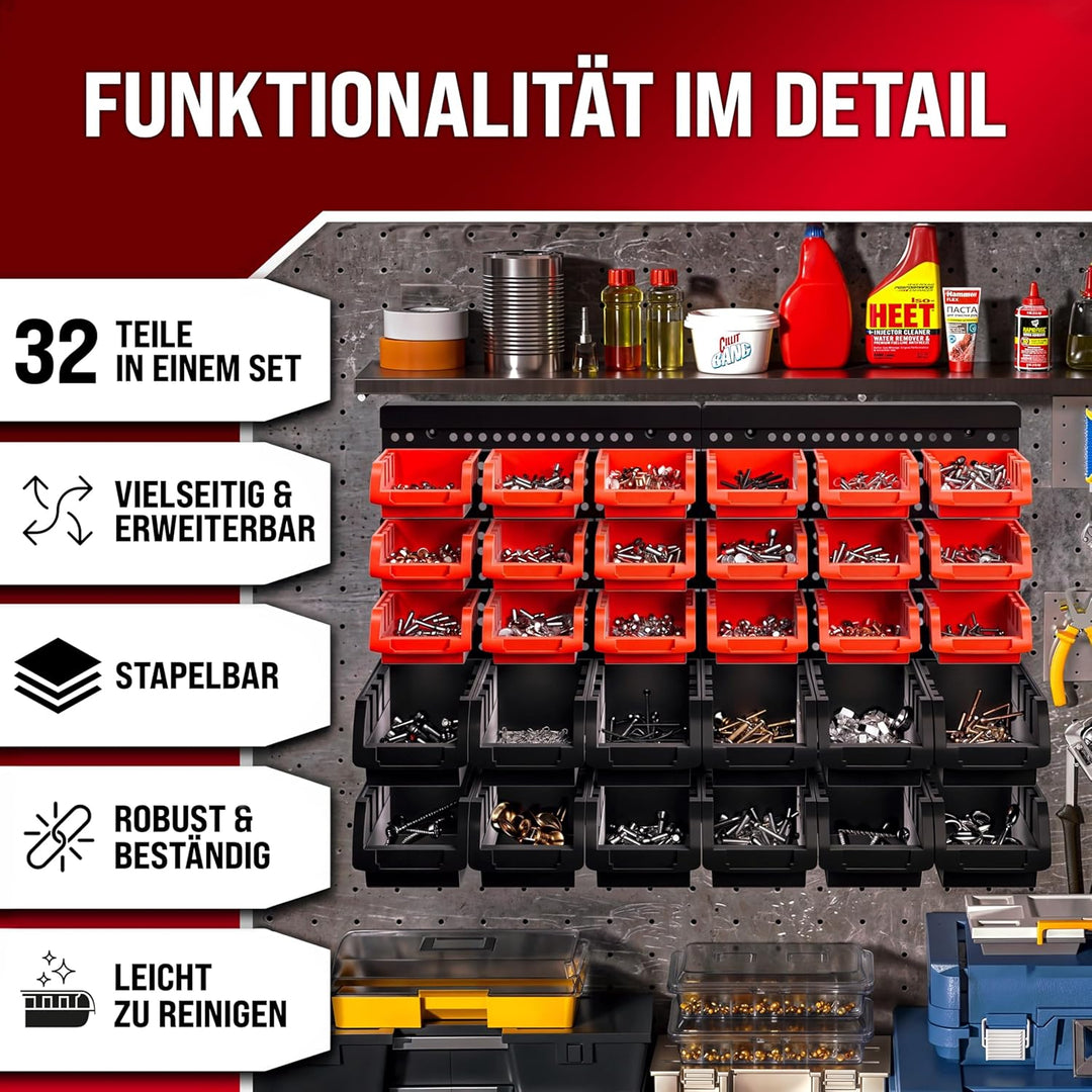 DEUBA® Stapelboxen 32 tlg. Erweiterbar Etikettenfach Stabil Stossfest Starke Wandplatten Wandregal W
