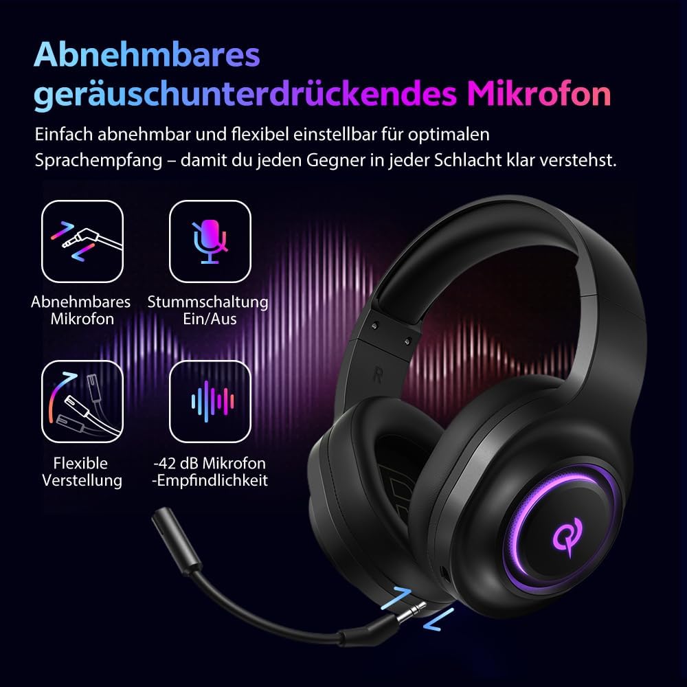 QCY HEROAD V200 Gaming Headset,2.4GHz Wireless Headset mit mikrofon für PS5,PS4,PC,Switch,Abnehmbare