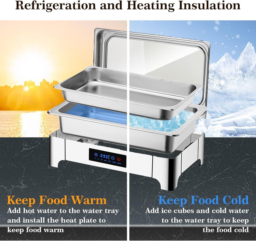 Chafing Dish Elektrisch, 9L Edelstahl Speisewärmer Buffetwärmer Einstellbare Temperatur, Warmhaltebe