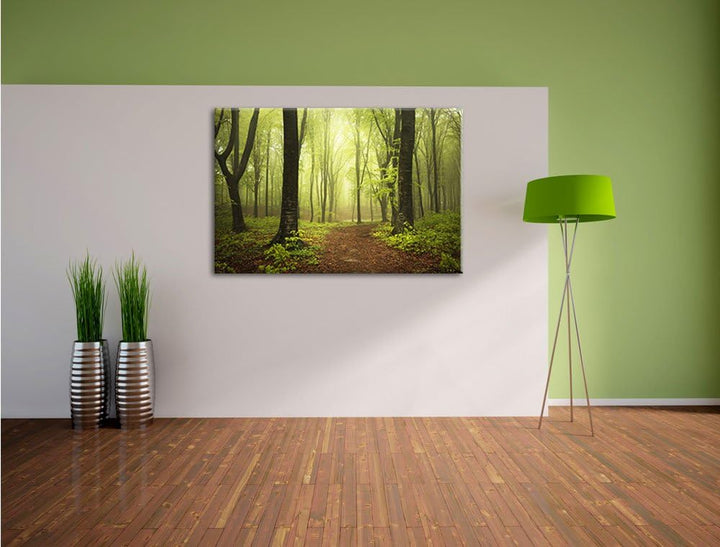 Pixxprint Sonniger Weg im atemberaubenden Wald, Format: 100x70 auf Leinwand, riesige Bilder fertig g