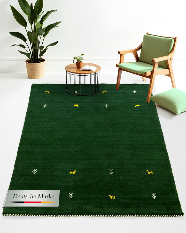 carpetfine Wollteppich Gabbeh Uni Grün 60x90 cm | Moderner Teppich für Wohn- und Schlafzimmer 60x90