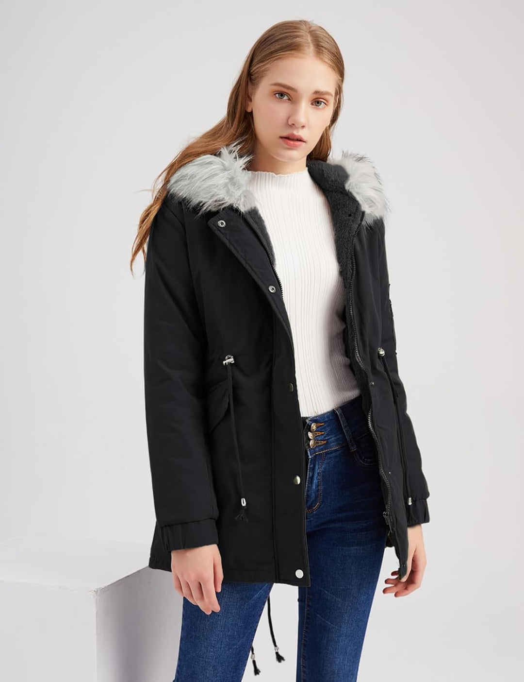 Tuopuda Jacke Damen Wintermantel mit Kapuze Reissverschluss Parka Mantel Langarm Hooded Jacket Schwa