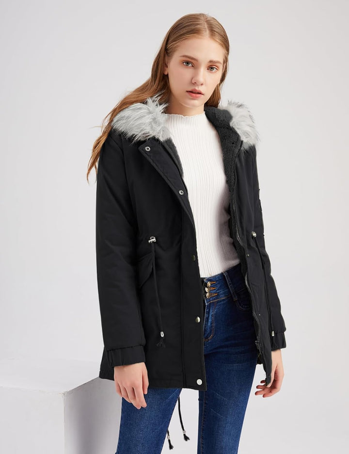Tuopuda Jacke Damen Wintermantel mit Kapuze Reissverschluss Parka Mantel Langarm Hooded Jacket Schwa