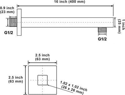 Rainsworth Brausearm Wandarm Duscharm für Regenduschkopf Quadratisch 400MM, Messing, Schwarz, 16 inc