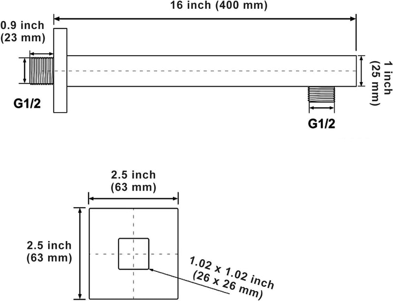 Rainsworth Brausearm Wandarm Duscharm für Regenduschkopf Quadratisch 400MM, Messing, Schwarz, 16 inc