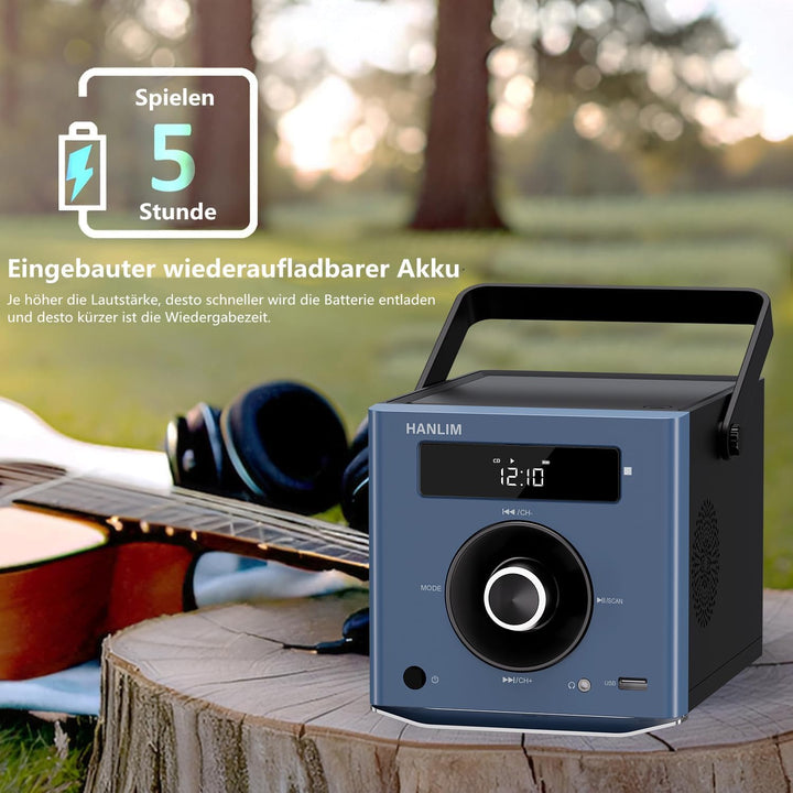 CD Player Tragbar mit Bluetooth, UKW Radio, 2000mAh wiederaufladbare Akku, MP3-Wiedergabe/USB/AUX-Ei