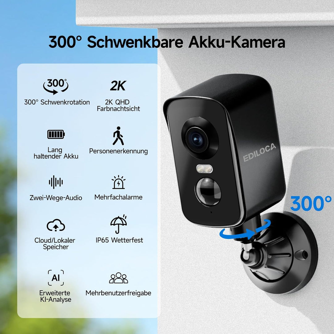 Ediloca 2K/3MP Überwachungskamera Aussen Akku, WLAN Kabellose Überwachungskamera aussen/innen, 300°