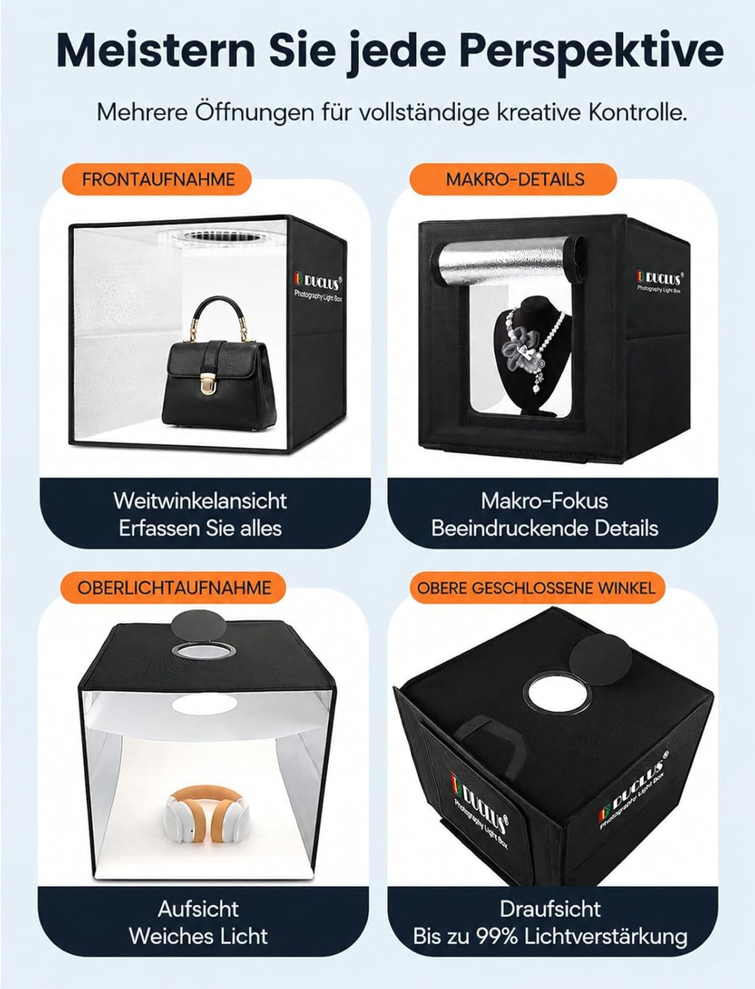 DUCLUS Fotobox 40x40 cm Faltbare Fotostudio, 5500K Dimmbare Lichtzelt Set mit 160 LED Beleuchtung un