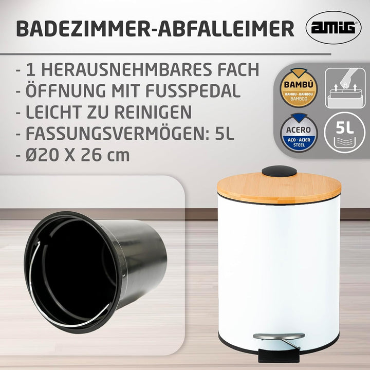Amig - Kosmetikeimer mit Pedal 5L Naturline - Weiss und Bambus - Hygienische Öffnung - Ø20 x 26 cm -