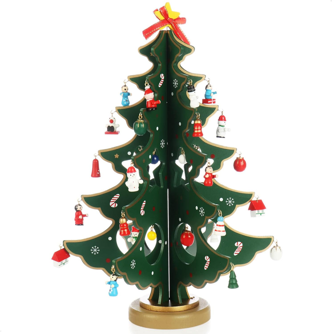 com-four® Mini-Weihnachtsbaum aus Holz - Zierschmuck - Aufsteller mit vielen Ornamenten zum Aufhänge