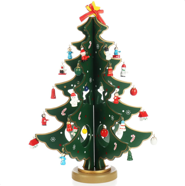 com-four® Mini-Weihnachtsbaum aus Holz - Zierschmuck - Aufsteller mit vielen Ornamenten zum Aufhänge