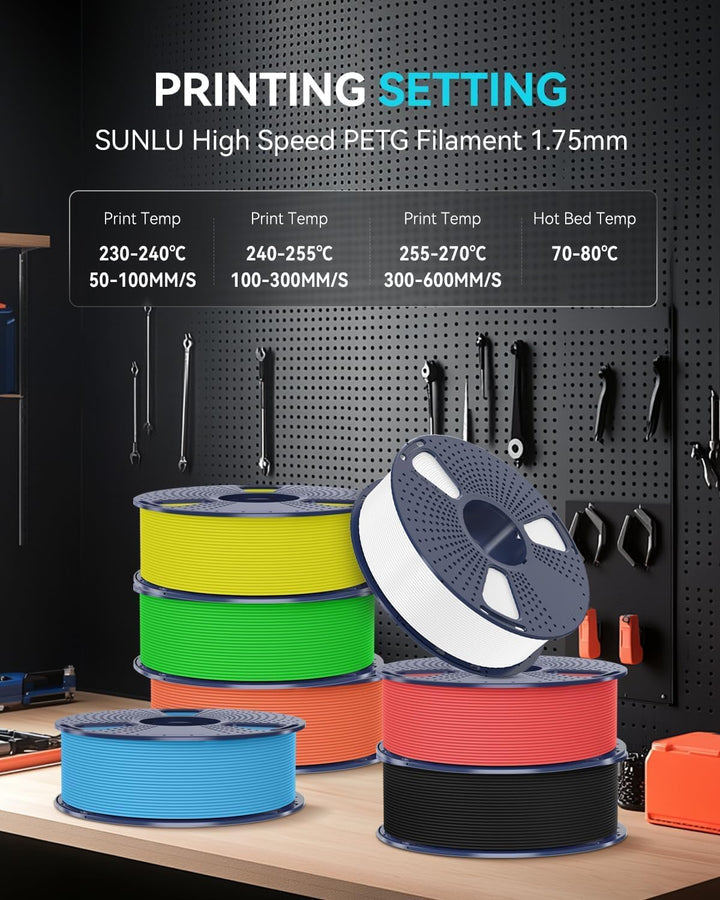 SUNLU 10KG Bündel Rapid PETG Filament, Hohe Geschwindigkeit 30-600mm/s 3D Drucker Filament 1.75mm ±0