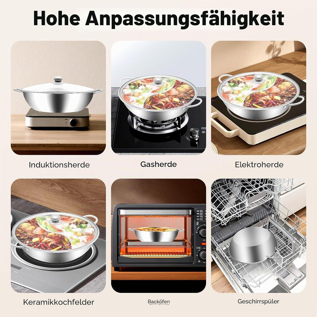 Hot Pot mit Teiler, 304 Edelstahl Topf Hotpot Kocher mit Glasdeckel, Kochtopf-Set für Induktionsherd