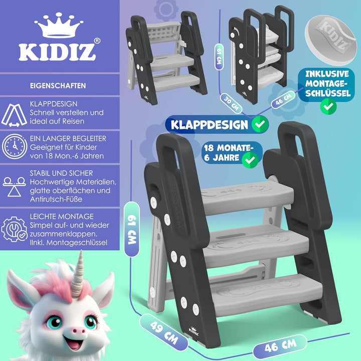 KIDIZ® Tritthocker für Kinder Trittleiter Klappbar mit 3 Stufen | Faltbarer Lern-Turm ab 18 Monaten