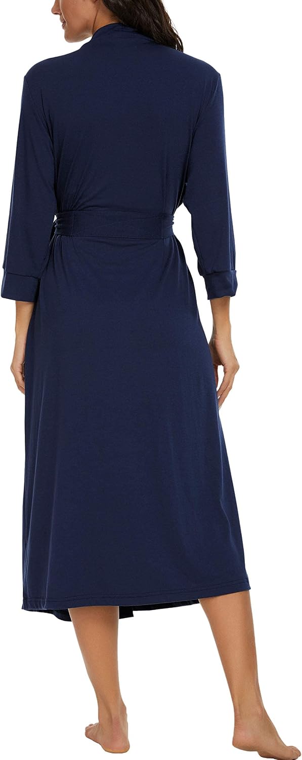 PrinStory Damen Bademantel Leichter 3/4 Ärmeln Morgenmantel V-Ausschnitt Kimono Roben Langes Nachtwä