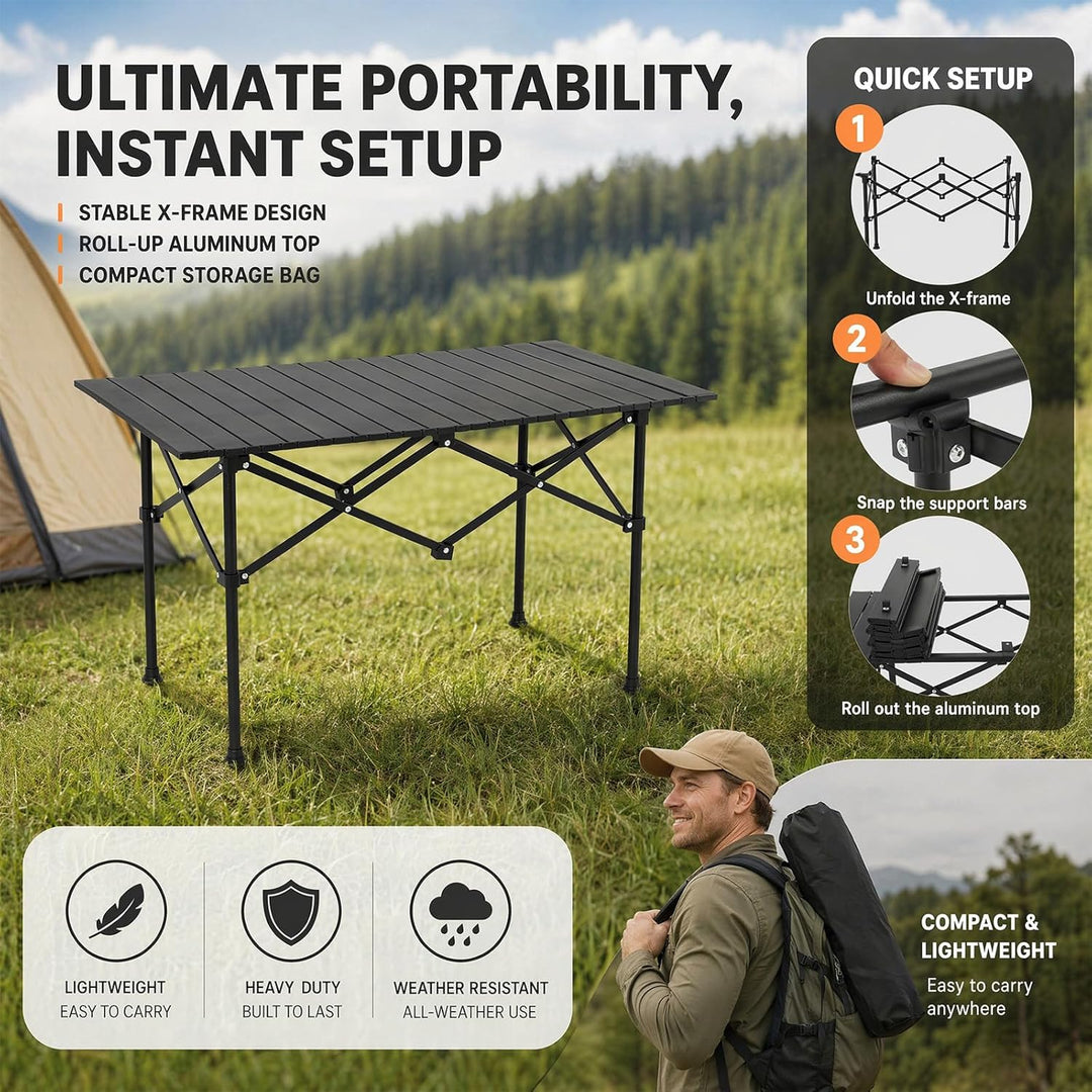Campingtisch Klappbar, Tragbar Kohlenstoffstahl mit Tasche 95x56x50cm, Reisetisch mit aufrollbarer T