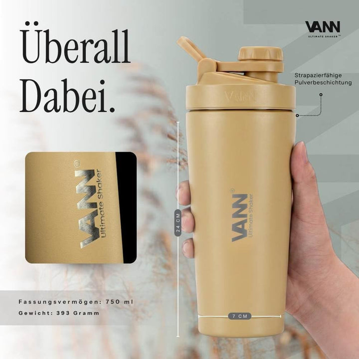 VANN Shaker Proteinshake 750ML - Thermo Shaker Edelstahl [12h kalt], Ideal als Schüttelbecher [Gym,