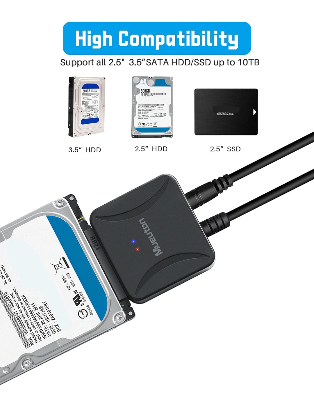 Mueuton SATA USB Adapter, USB 3.0 auf SATA III Festplattenadapter für 2,5 Zoll / 3,5 Zoll HDD/SSD Fe