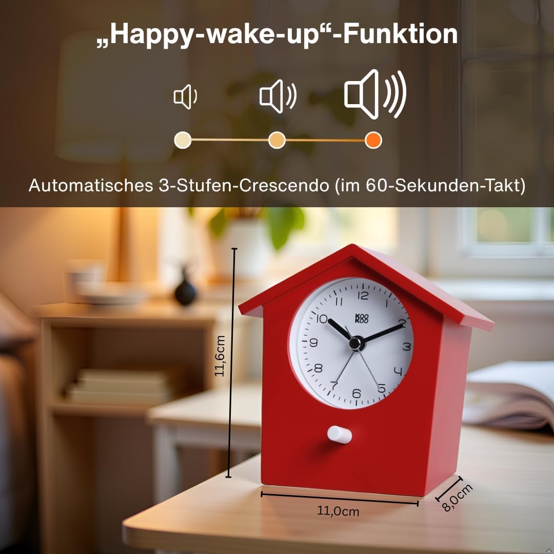 KOOKOO EarlyBird Rot, Wecker mit Vogelmelodie (Originalaufnahme) oder Dreiklangton