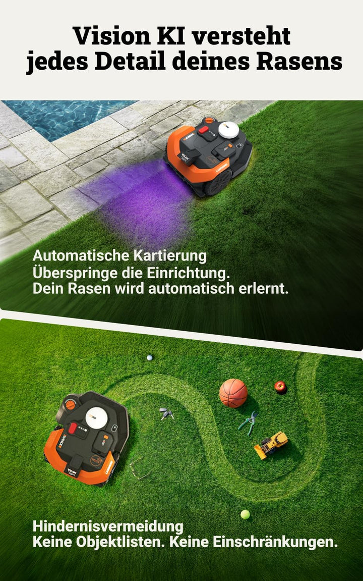WORX Landroid Vision Cloud WR330E 2WD Mähroboter ohne Begrenzungskabel für 3000 m² (KI-Hinderniserke