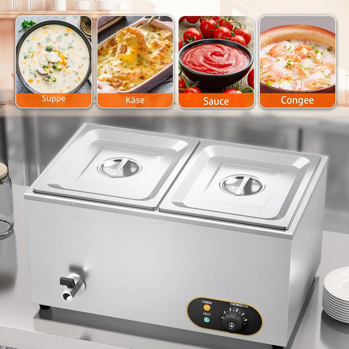 Bain Marie Speisenwärmer Wasserbad Gastro GN-Behältern (GN) 1/2x 2 Warmhalter Edelstahl mit Ablaufha