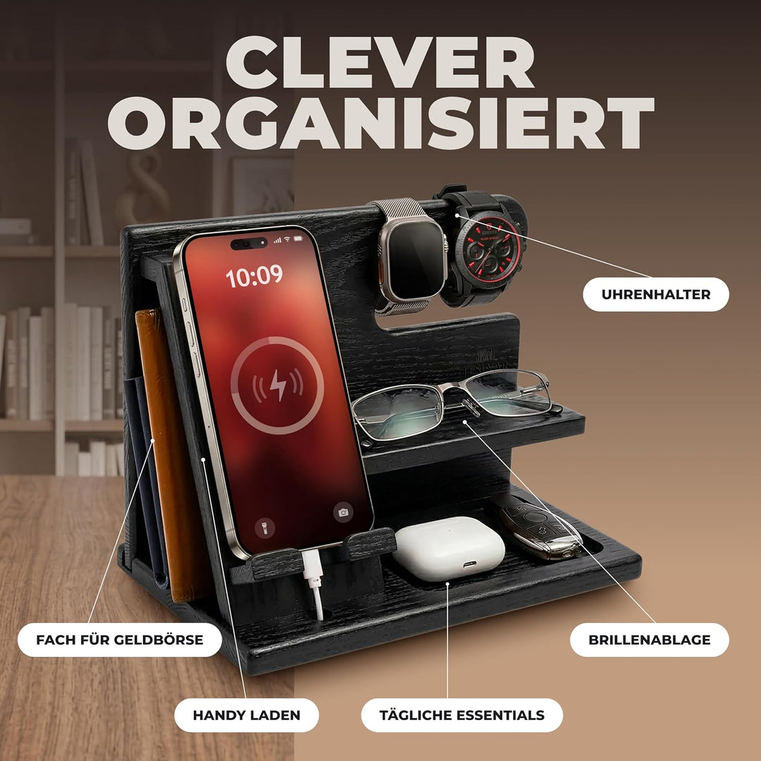 TESLYAR Holz Telefon Dockingstation Männer Esche Schwarz - Schreibtisch Organizer Holz, Handy &amp; Schl