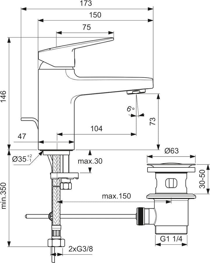 Ideal Standard BD214AA Ceraplan Waschtischarmatur mit Zugknopf-Ablaufgarnitur Auslaufhöhe 73mm mit M