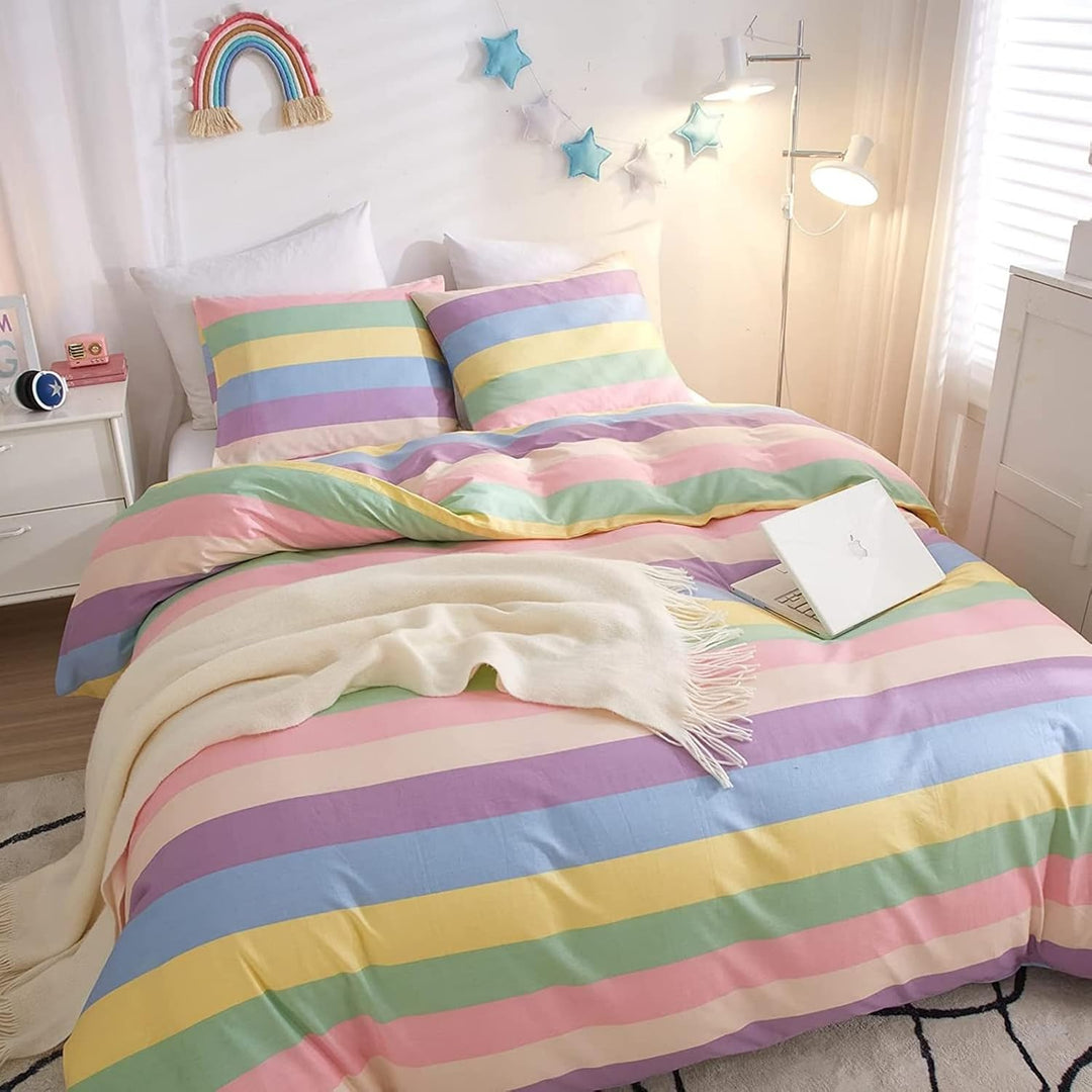Freyamy Mädchen Bettwäsche 135x200cm Bunt Regenbogen Streifen Kinderbettwäsche 100% Microfaser Babyb