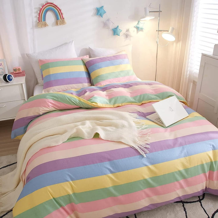 Freyamy Mädchen Bettwäsche 135x200cm Bunt Regenbogen Streifen Kinderbettwäsche 100% Microfaser Babyb